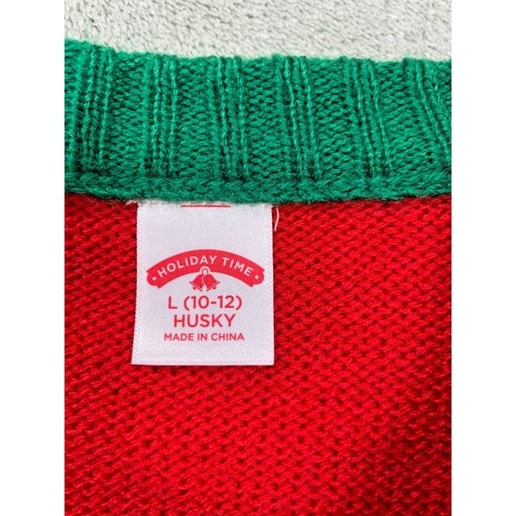 Christmas Reindeer Sweater Boys Large 10-12 Red Green Snowflake Holiday Time Cut - Picture 3 of 11